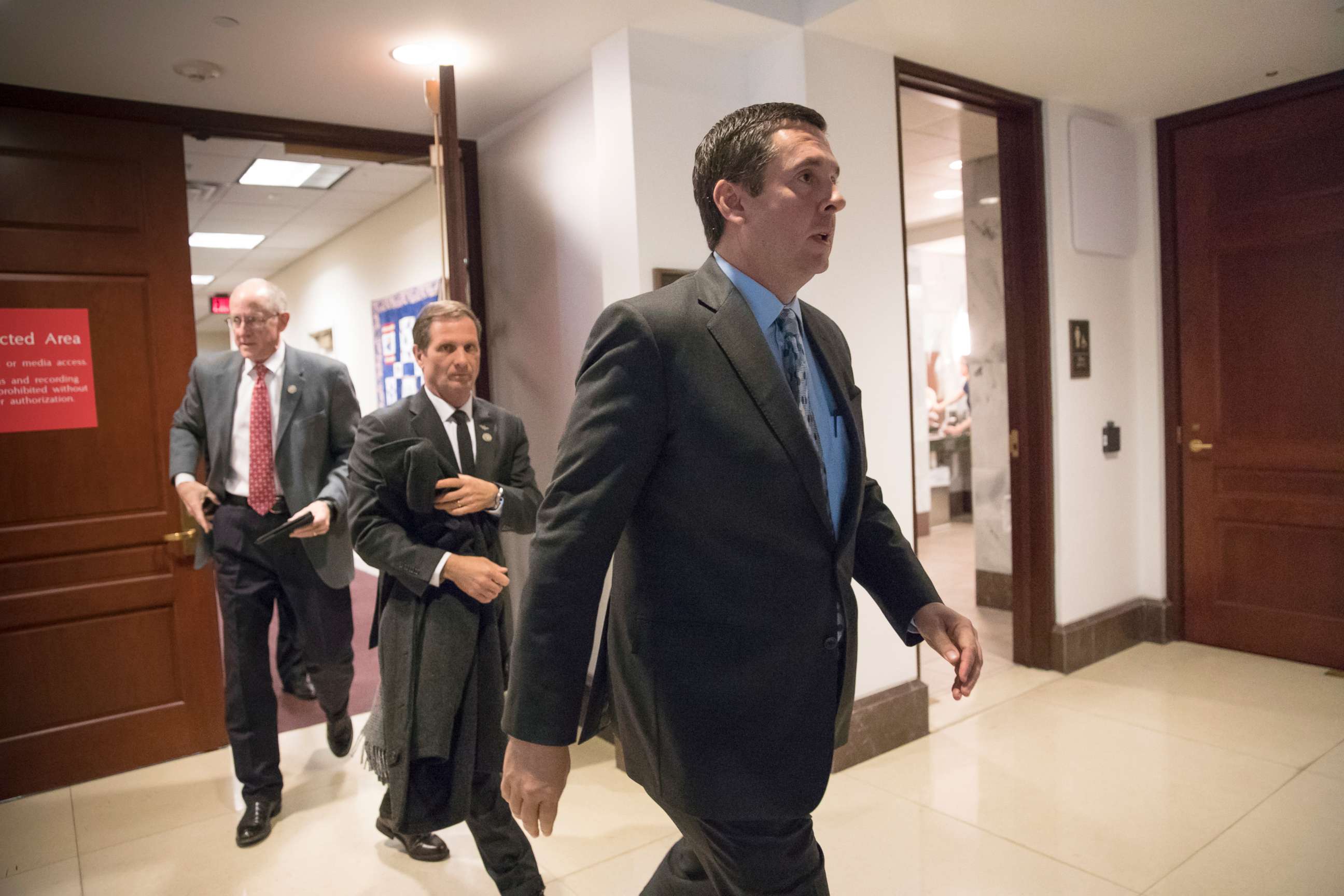 PHOTO: House Intelligence Committee Chairman Devin Nunes, followed by Rep. Chris Stewart and Rep. Mike Conaway, far left, on Capitol Hill in Washington, March 22, 2018.