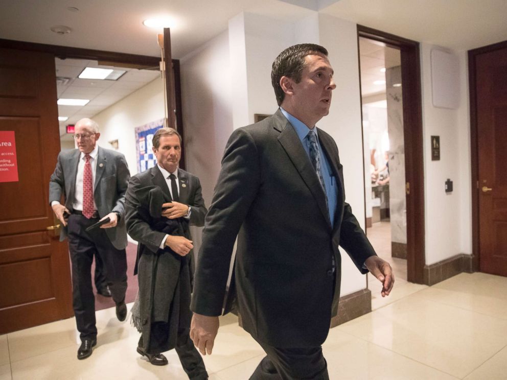 PHOTO: House Intelligence Committee Chairman Devin Nunes, followed by Rep. Chris Stewart and Rep. Mike Conaway, far left, on Capitol Hill in Washington, March 22, 2018.
