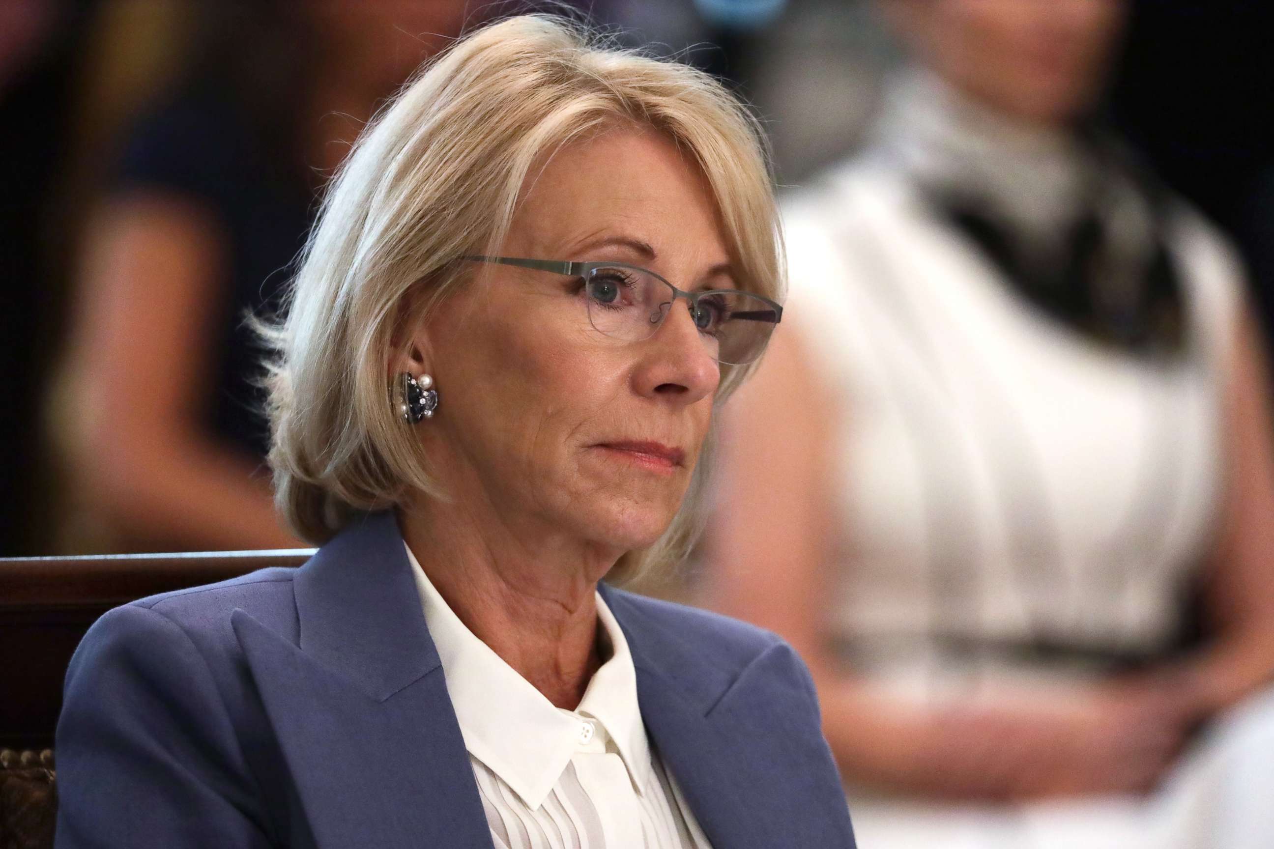 PHOTO: Secretary of Education Betsy DeVos listens during a cabinet meeting in the East Room of the White House, May 19, 2020.