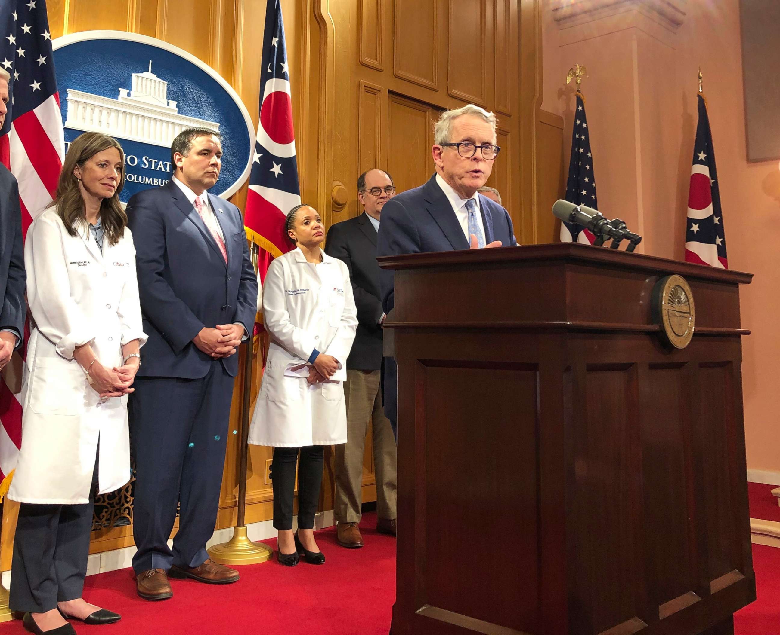 PHOTO: Ohio Gov. Mike DeWine speaks at a news conference at the statehouse in Columbus, Ohio, Tuesday, March 3, 2020.