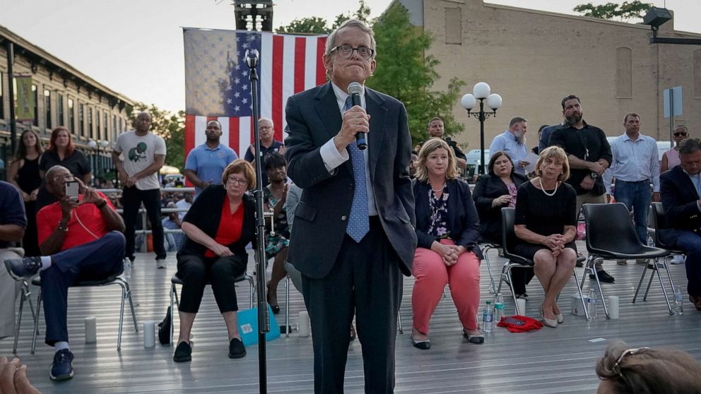 PHOTO: Ohio Governor Mike DeWine speaking in Dayton, Ohio, Aug. 4, 2019.
