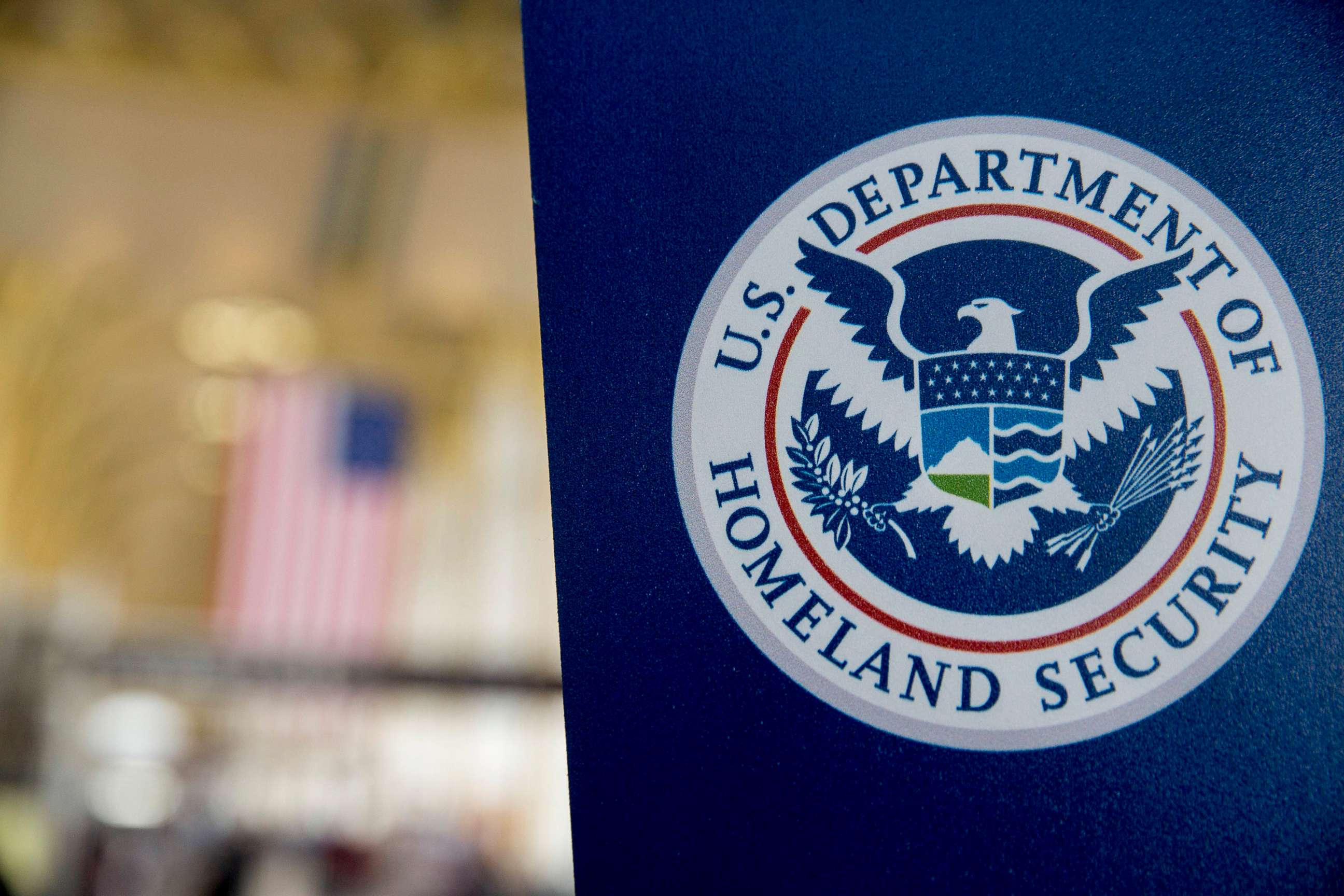 PHOTO: A U.S. Department of Homeland Security (DHS) sign stands at Ronald Reagan National Airport (DCA) in Washington, D.C., Feb. 25, 2015. 