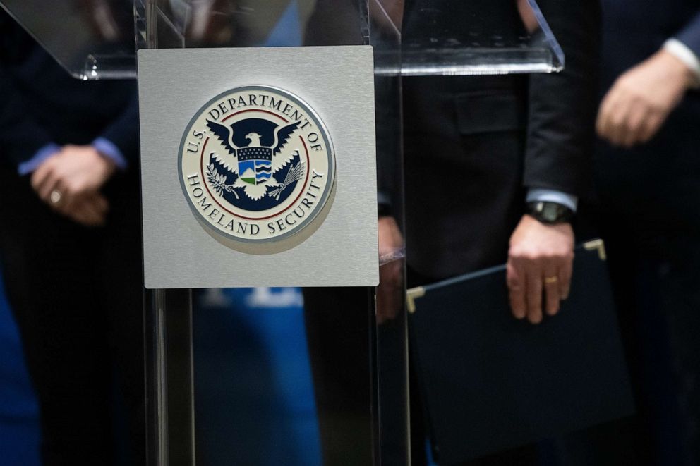 PHOTO: In this March 2, 2021, file photo, the U.S. Department of Homeland Security seal is seen as DHS Secretary Alejandro Mayorkas delivers remarks in Philadelphia.