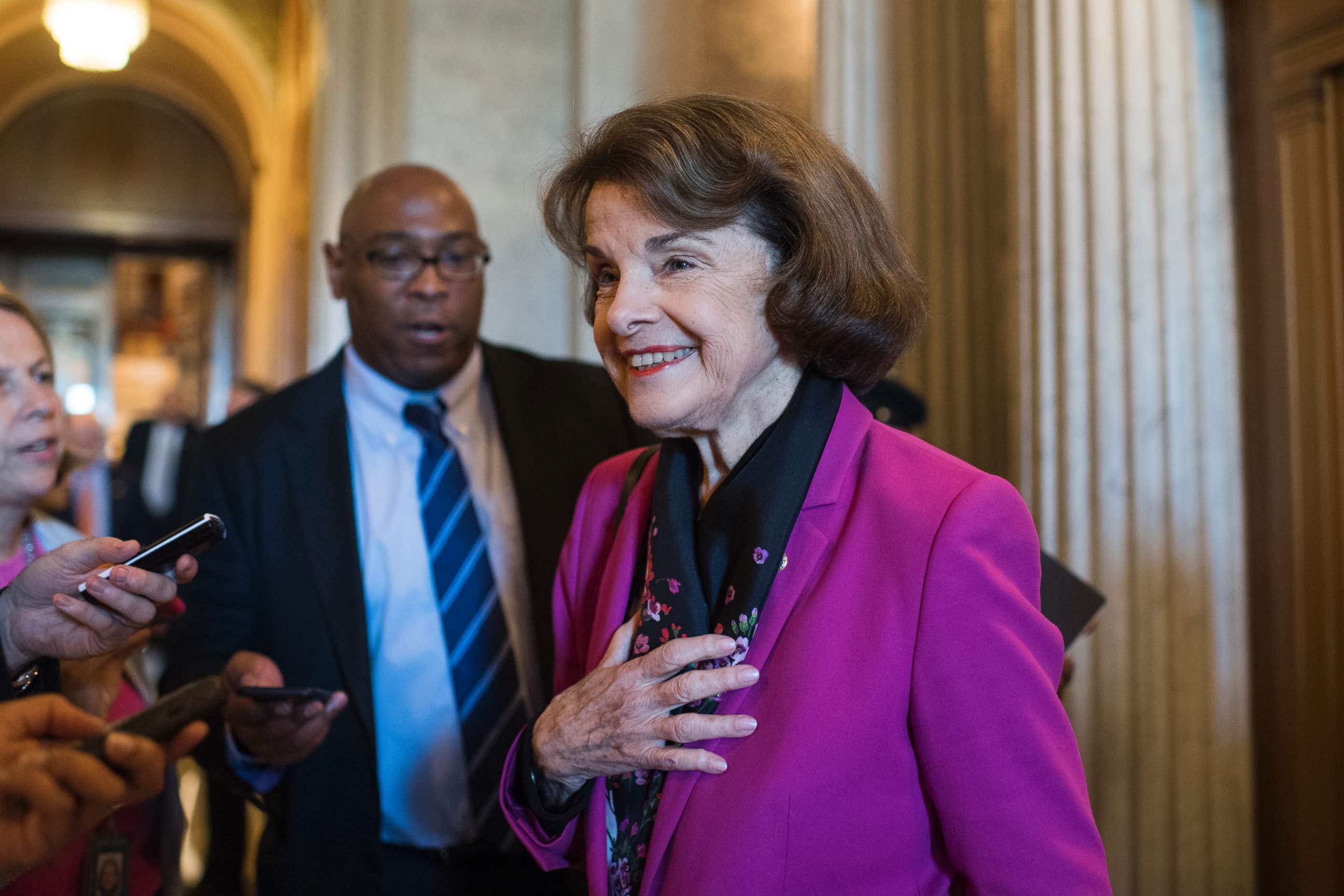 PHOTO: Sen. Dianne Feinstein talks with reporters after the Senate Policy luncheons in the Capitol on June 5, 2018, in Washington, D.C. 