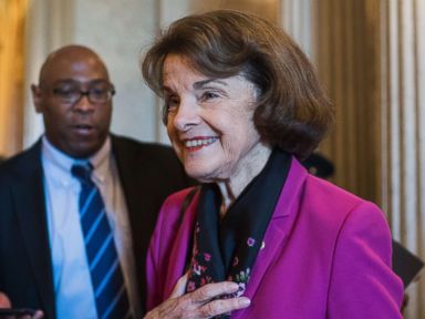 PHOTO: Sen. Dianne Feinstein talks with reporters after the Senate Policy luncheons in the Capitol on June 5, 2018, in Washington, D.C.