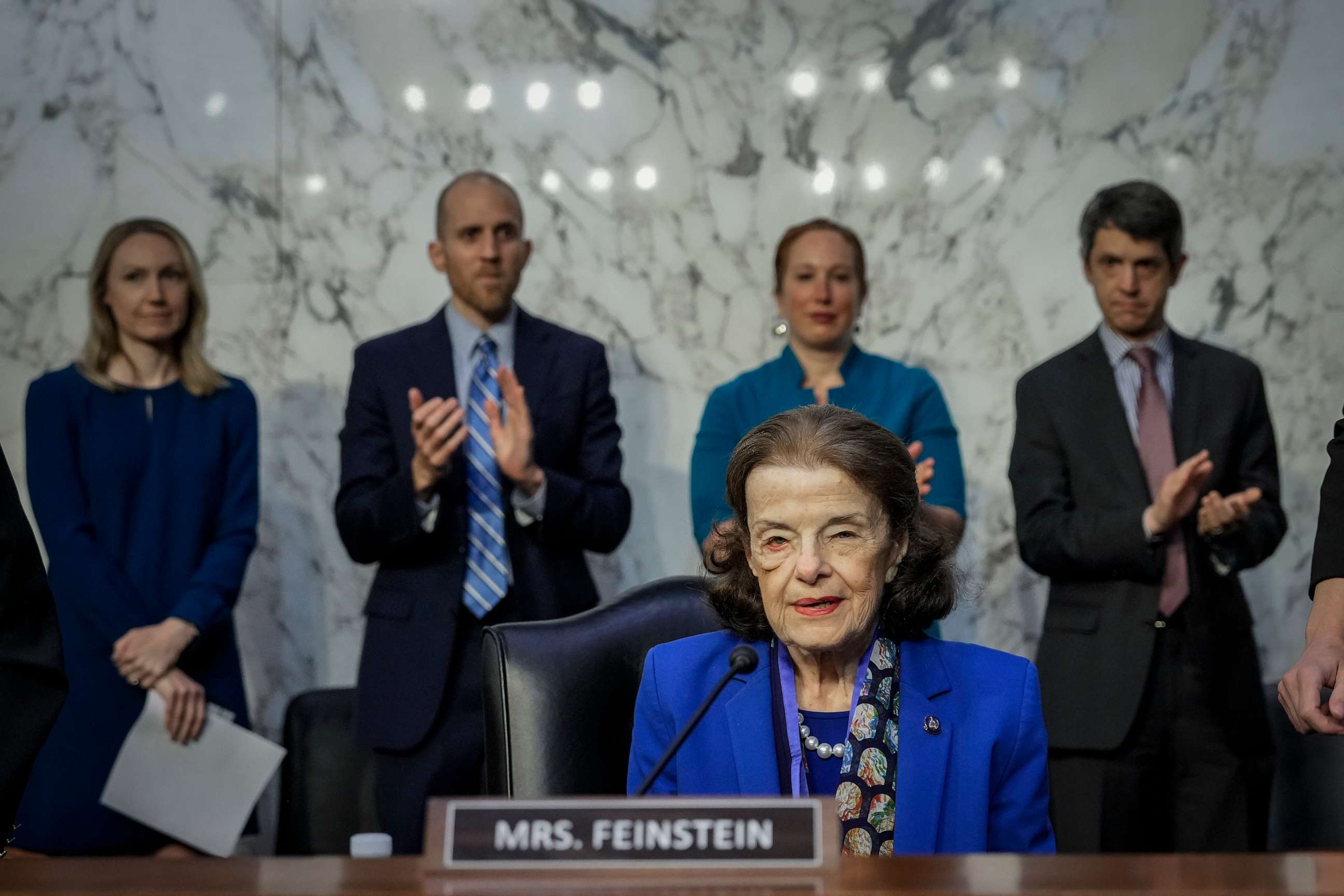 PHOTO: Sen. Dianne Feinstein takes her seat at a business hearing of the Senate Judiciary Committee on Capitol Hill May 11, 2023 in Washington.