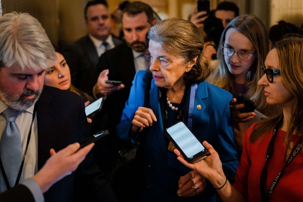 PHOTO: Sen. Dianne Feinstein speaks to reporters before entering the Senate Chamber to vote at the U.S. Capitol, Feb. 14, 2023 in Washington.