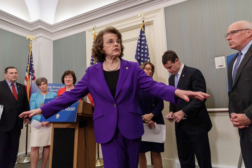 PHOTO: Sen. Dianne Feinstein, center, is joined by, from left, Sen. Joe Donnelly, Sen. Joni Ernst, Sen. Susan Collins, Sen. Amy Klobuchar, Sen. Todd Young and Rick Adams of the U.S. Olympic Committee, on Capitol Hill in Washington, March 28, 2017.