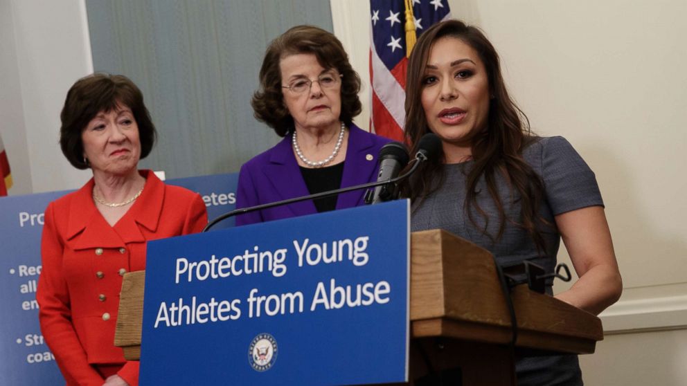 PHOTO: Former Team USA gymnast Jeanette Antolin, right, accompanied by Sen. Susan Collins, left, and Sen. Dianne Feinstein, speaks during a news conference in Washington, March 28, 2017.
