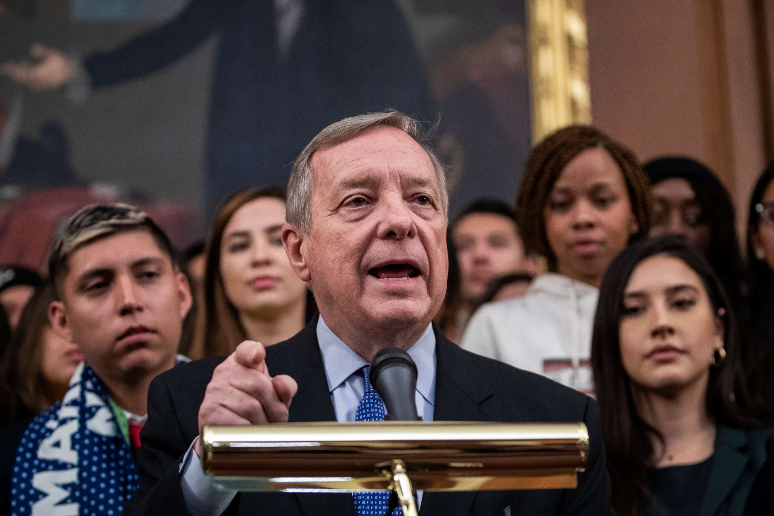 PHOTO: Sen. Dick Durbin speaks at a press conference at the U.S. Capitol on Nov. 12, 2019, in Washington.