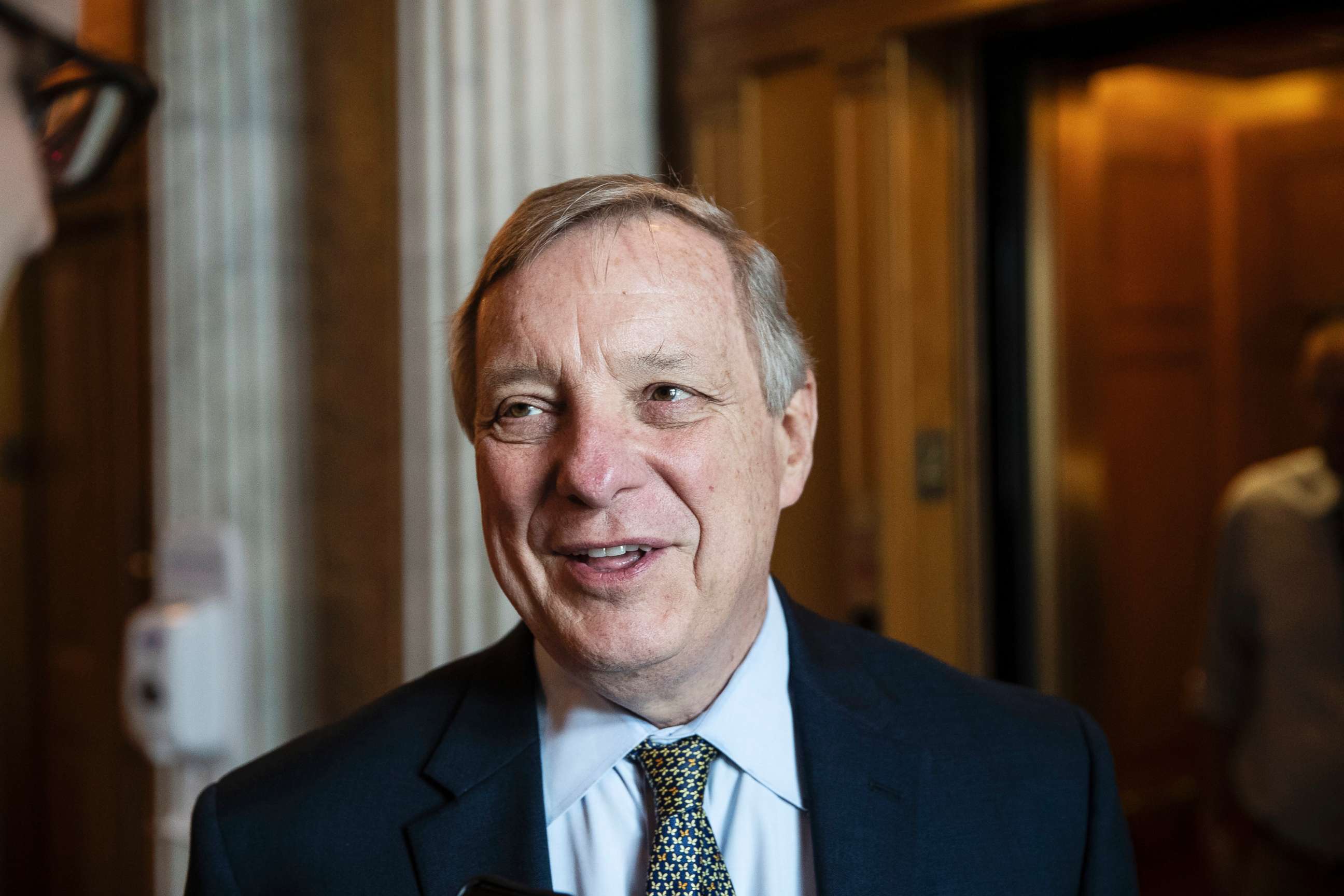 PHOTO: Sen. Dick Durbin speaks with a reporter on Capitol Hill, in Washington, Oct. 10, 2018.