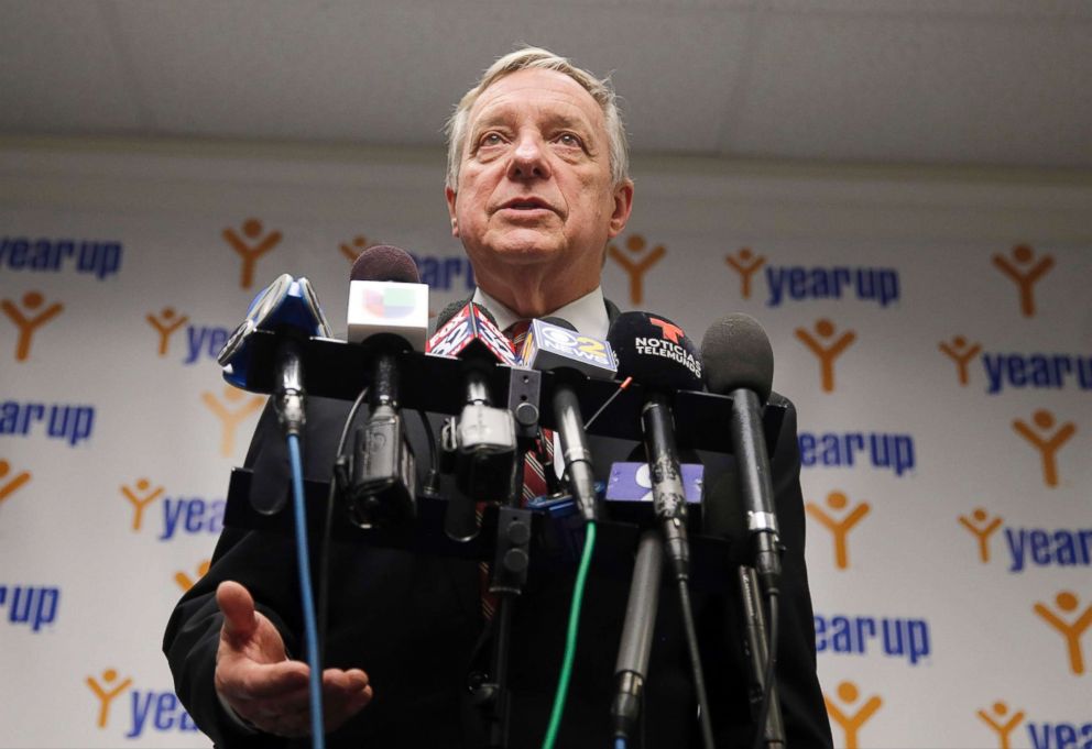 PHOTO: Sen. Dick Durbin, D-Ill., speaks at a news conference as he visits students of Year Up Chicago, a one-year long job training program that provides low-income young adults, Jan. 12, 2018, in Chicago. 