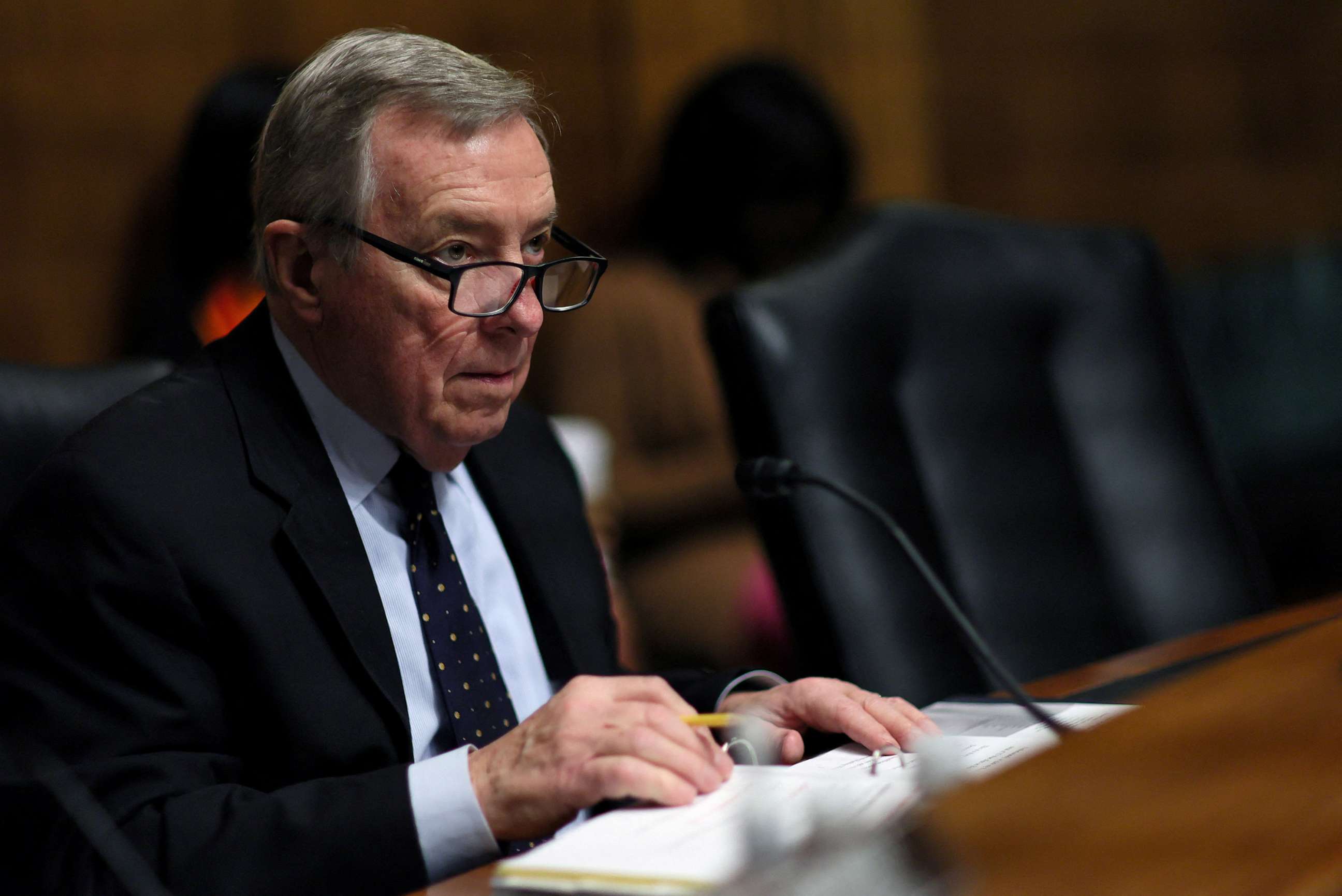 PHOTO: U.S. Senate Judiciary Committee Chairman Dick Durbin takes part in the U.S. Senate Judiciary Committee hearing on President Joe Biden's judicial nominees on Capitol Hill, Jan. 25, 2023, in Washington.