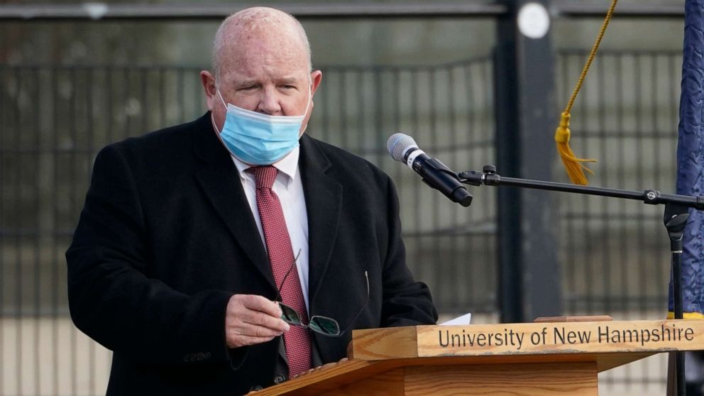 PHOTO: In this Dec. 2, 2020, file photo, New Hampshire House Speaker Dick Hinch speaks during an outdoor legislative session at the University of New Hampshire in Durham, N.H.