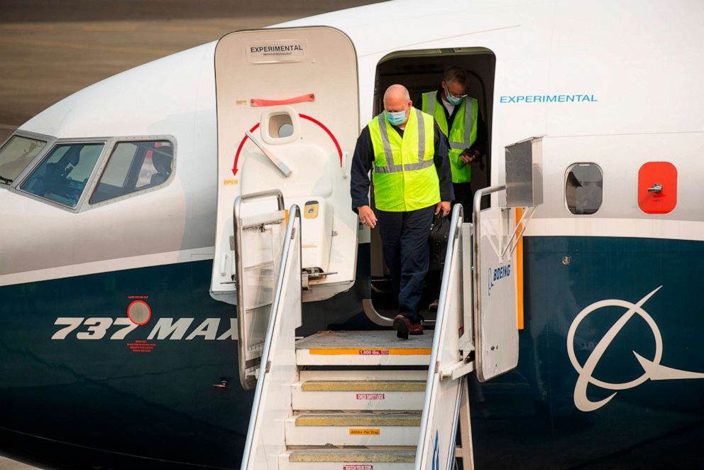 PHOTO: FAA chief Steve Dickson walks out of a Boeing 737 MAX, after concluding a test flight and landing at Boeing Field in Seattle Sept. 30, 2020.