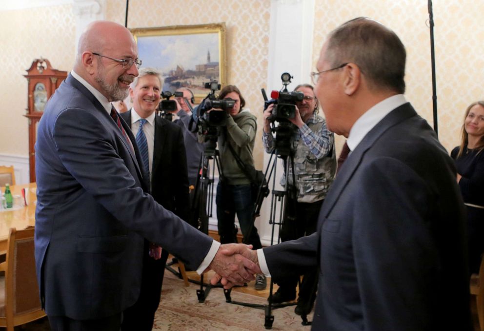 PHOTO: Russian Foreign Minster Sergei Lavrov, right, and political scientist Dimitri Simes, President of The Center for the National Interest meet in Moscow.