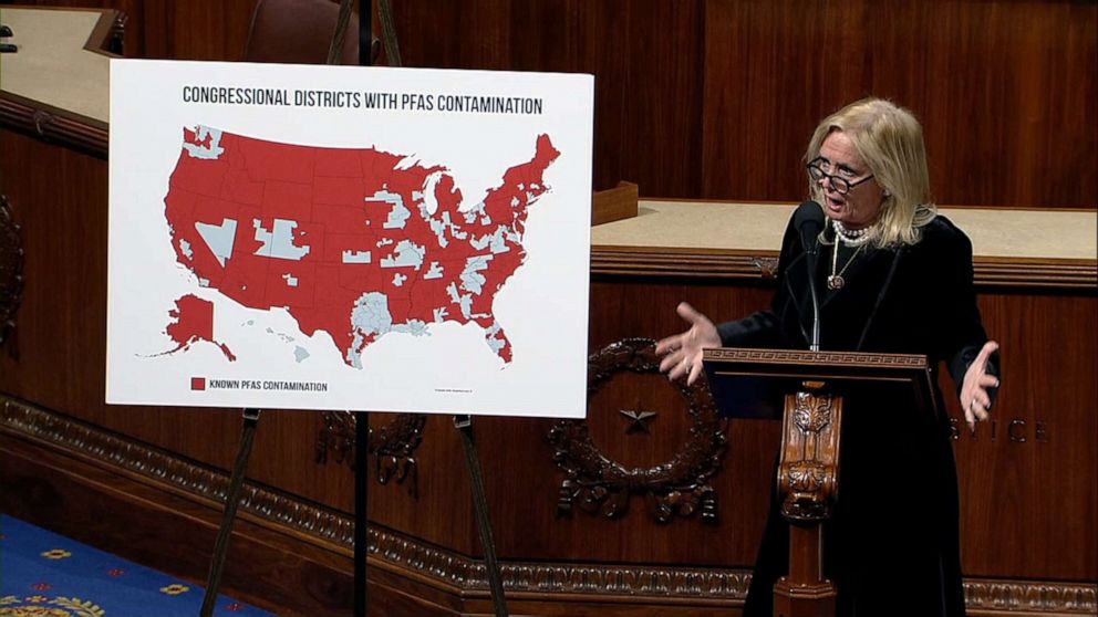 PHOTO: Rep. Debbie Dingell speaks on the House floor about lack of action around "forever chemicals" or PFAS during the debate over a bill that would regulate them in drinking water. 
