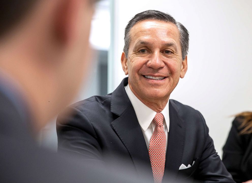 PHOTO: Dino Rossi, a Republican candidate for Washington's 8th congressional district, speaks with reporters and editors at Roll Call's Washington, D.C. offices, Jan. 29, 2018.