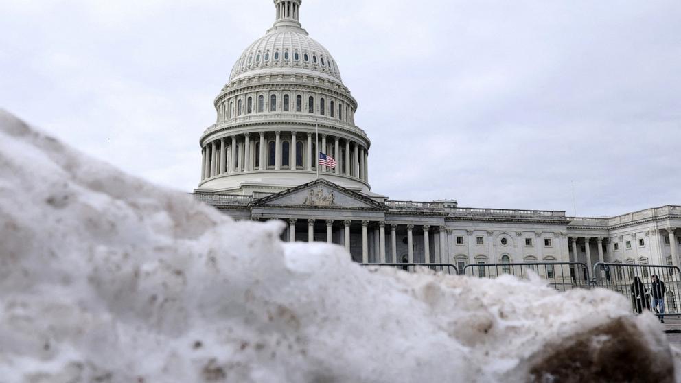 PHOTO: Pile of snow lies near the U.S. Capitol after it was announced President-elect Donald Trump's inauguration is being moved indoors due to dangerously cold temperatures expected on Monday, in Washington, D.C., on Jan. 17, 2025.