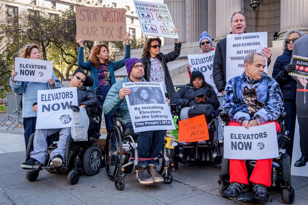 PHOTO: People rally outside the courthouse the New York County courthouse to advocate for greater accessibility to the New York subway for the disabled, in New York, Nov. 6, 2019.