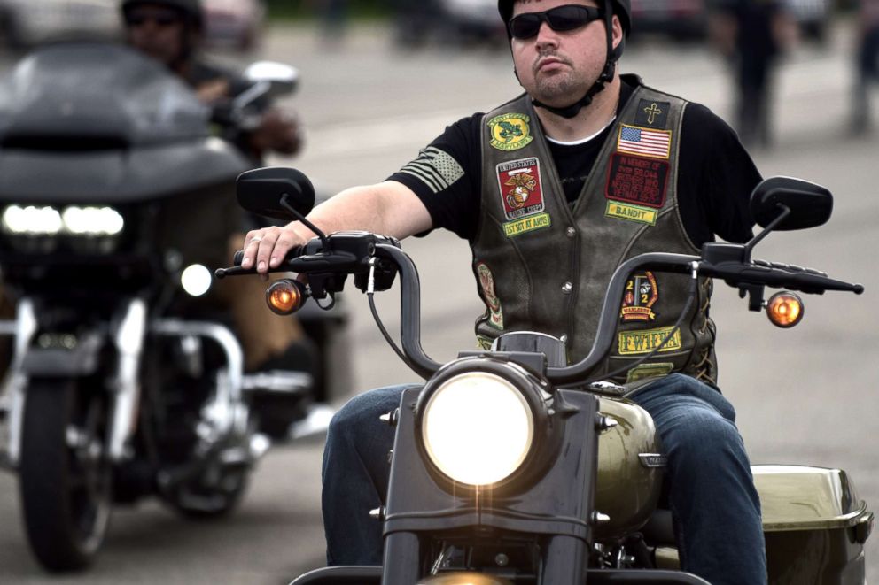 PHOTO: A disabled veteran arrives as thousands of bikers and military veterans gather at the Pentagon parking area ahead of the 31st annual Rolling Thunder Ride for Freedom motorcycle parade in Arlington, May 27, 2018.