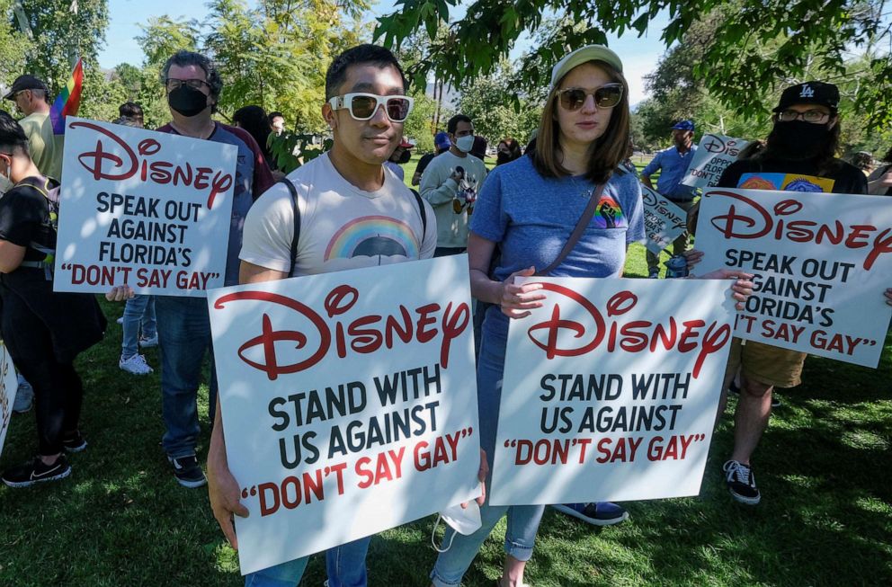 PHOTO: Disney employees protest against Florida's "Don't Say Gay" bill, in Glendale, California, March 22, 2022.