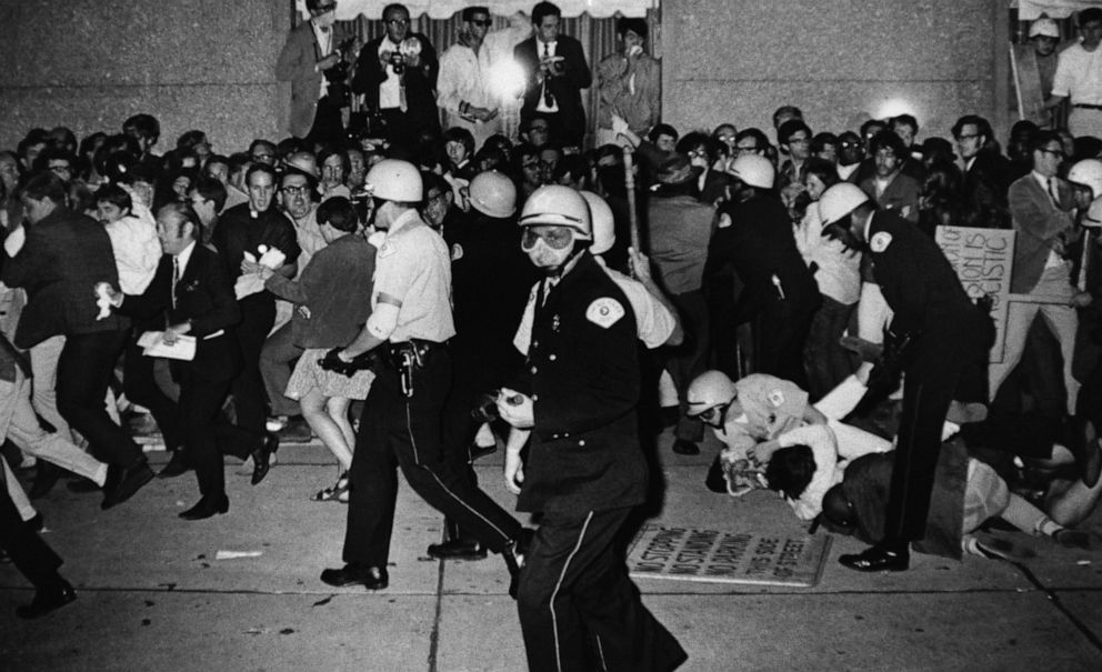 PHOTO: In this Aug. 29, 1968, file photo, Chicago Police attempt to disperse demonstrators outside the Conrad Hilton, the downtown headquarters for the Democratic National Convention in Chicago.