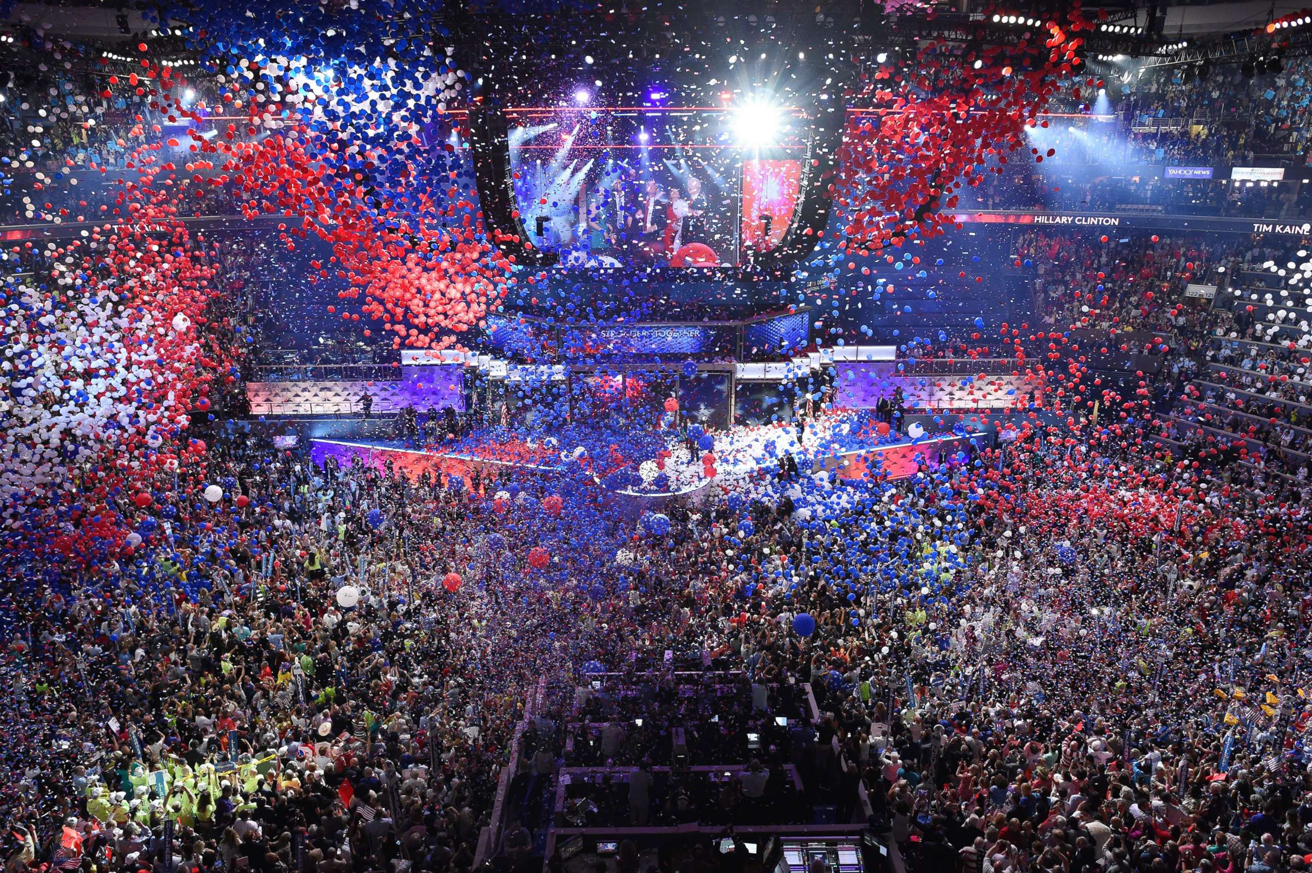 PHOTO: Balloons and confetti fall during the fourth and final night of the Democratic National Convention at the Wells Fargo Center, July 28, 2016 in Philadelphia, following a speech by Democratic presidential nominee Hillary Clinton.