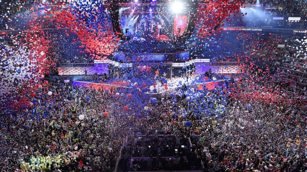 PHOTO: Balloons and confetti fall during the fourth and final night of the Democratic National Convention at the Wells Fargo Center, July 28, 2016 in Philadelphia, following a speech by Democratic presidential nominee Hillary Clinton.