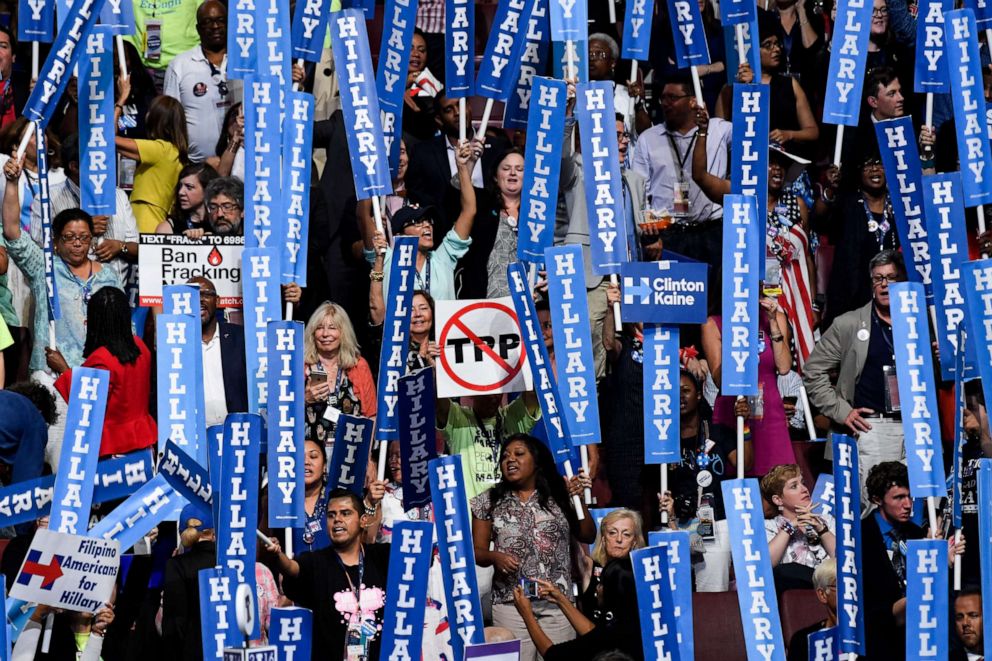 PHOTO: California delegates hold Hillary signs along with a few TPP and band tracking signs at the Democratic National Convention in Philadelphia, July 28, 2016.