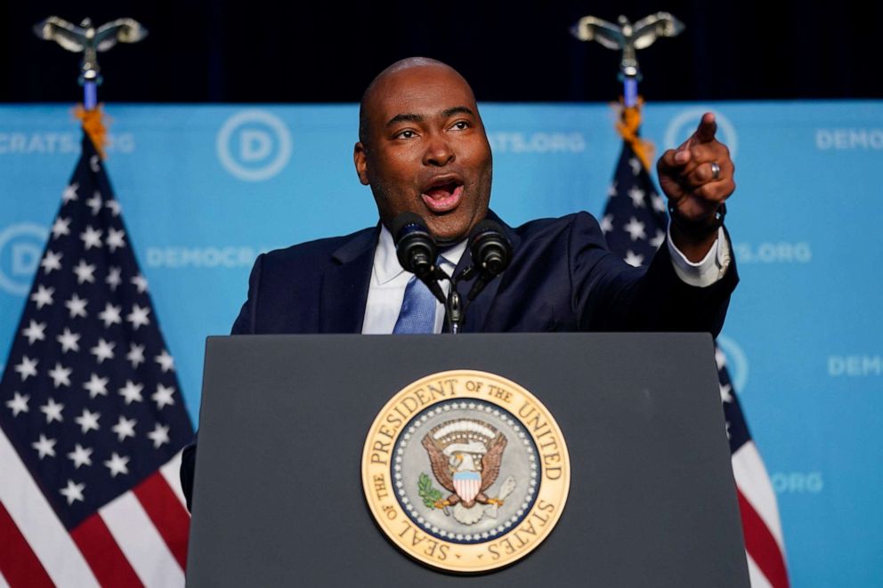 PHOTO: Democratic National Committee chair Jamie Harrison introduces President Joe Biden to speak at the DNC's winter meeting, March 10, 2022, in Washington, D.C.