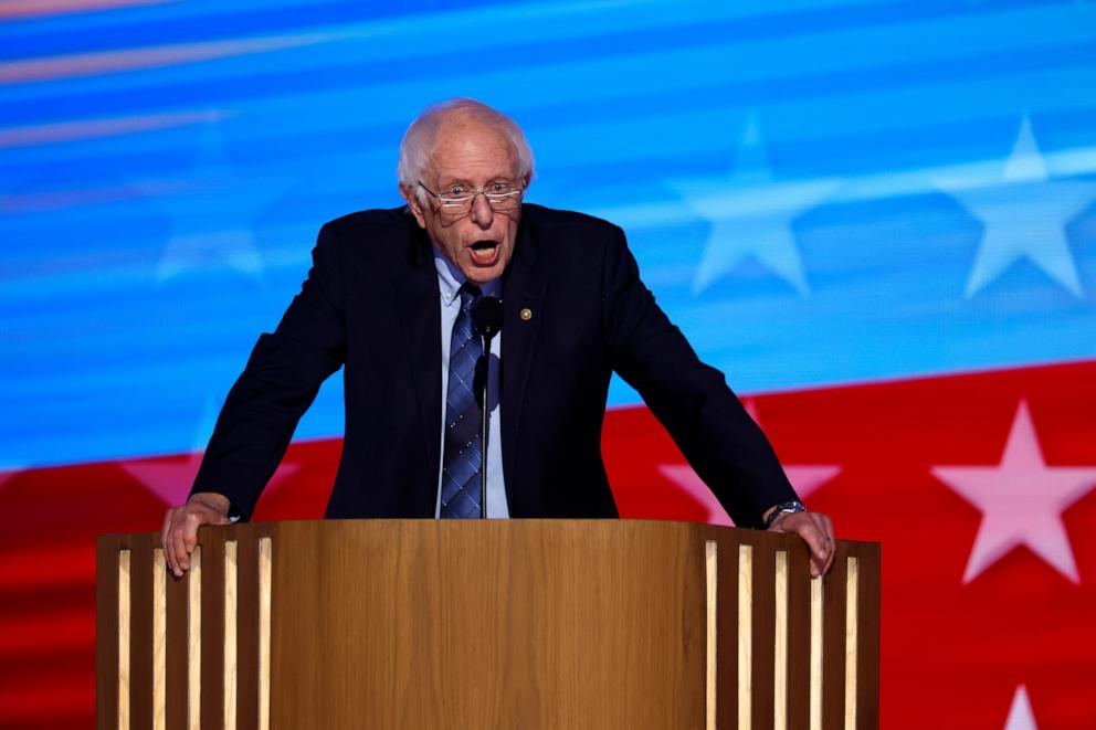 PHOTO: Sen. Bernie Sanders (I-VT) speaks on stage during the second day of the Democratic National Convention at the United Center on Aug. 20, 2024 in Chicago.