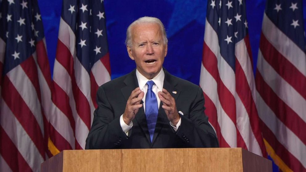 PHOTO: Democratic presidential nominee and former Vice President Joe Biden accepts the nomination during the final night of the 2020 Democratic National Convention, Aug. 20, 2020, from Wilmington, Del.