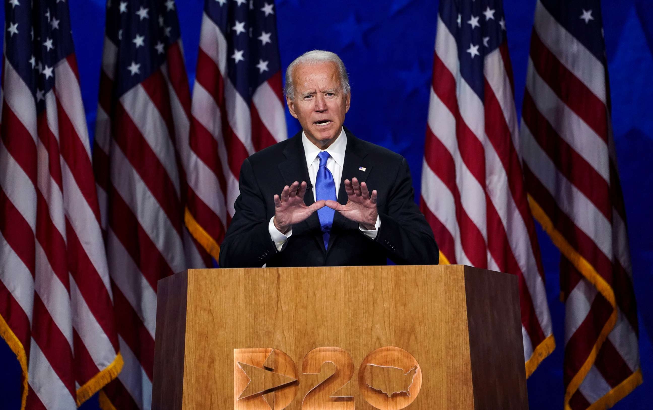 PHOTO: Former Vice President Joe Biden accepts the 2020 Democratic presidential nomination during a speech delivered for the largely virtual 2020 Democratic National Convention from the Chase Center in Wilmington, Del., Aug. 20, 2020.