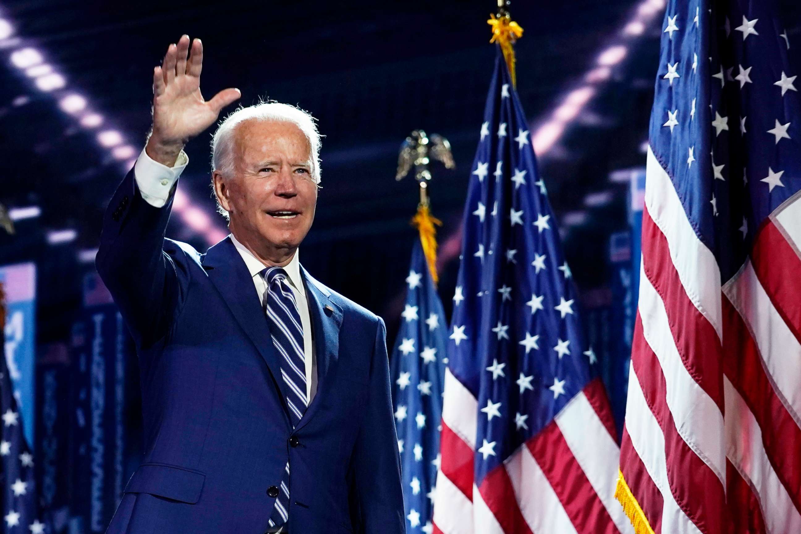 PHOTO: Democratic presidential candidate former Vice President Joe Biden arrives on stage after Democratic vice presidential candidate Sen. Kamala Harris accepted the nomination during the Democratic National Convention, Aug. 19, 2020, in Wilmington, Del.