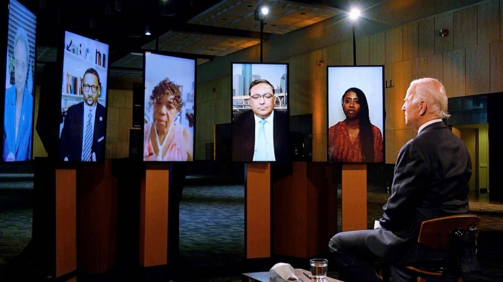 PHOTO: Democratic presidential candidate former Vice President Joe Biden leads a conversation on racial justice with during the first night of the Democratic National Convention, Aug. 17, 2020.