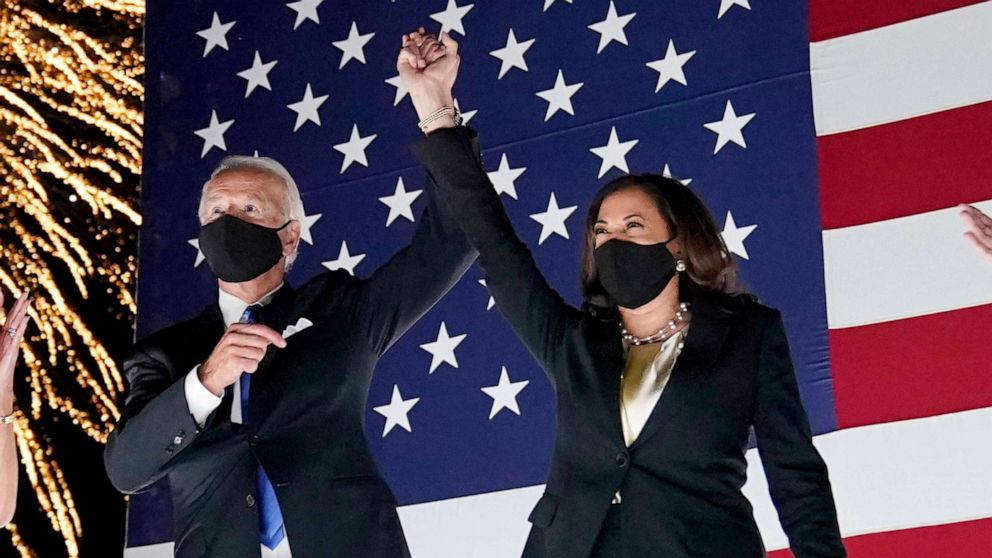 PHOTO: Democratic presidential candidate former Vice President Joe Biden and his running mate Sen. Kamala Harris, celebrate with fireworks during the fourth day of the Democratic National Convention, Aug. 20, 2020, at the Chase Center in Wilmington, Del.