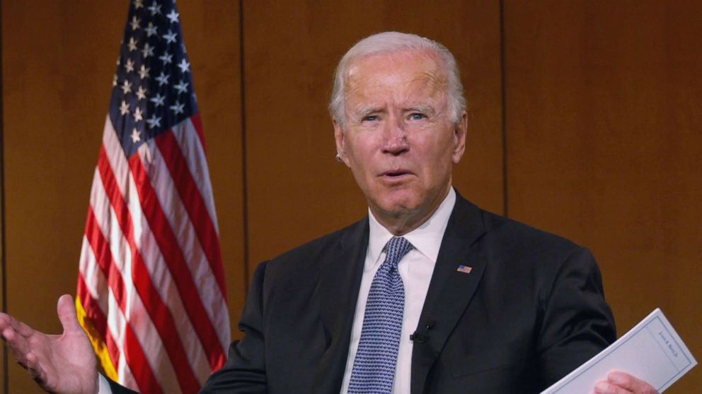 PHOTO: Democratic presidential nominee former Vice President Joe Biden talks about healthcare on the second night of the 2020 Democratic National Convention, Aug. 18, 2020.