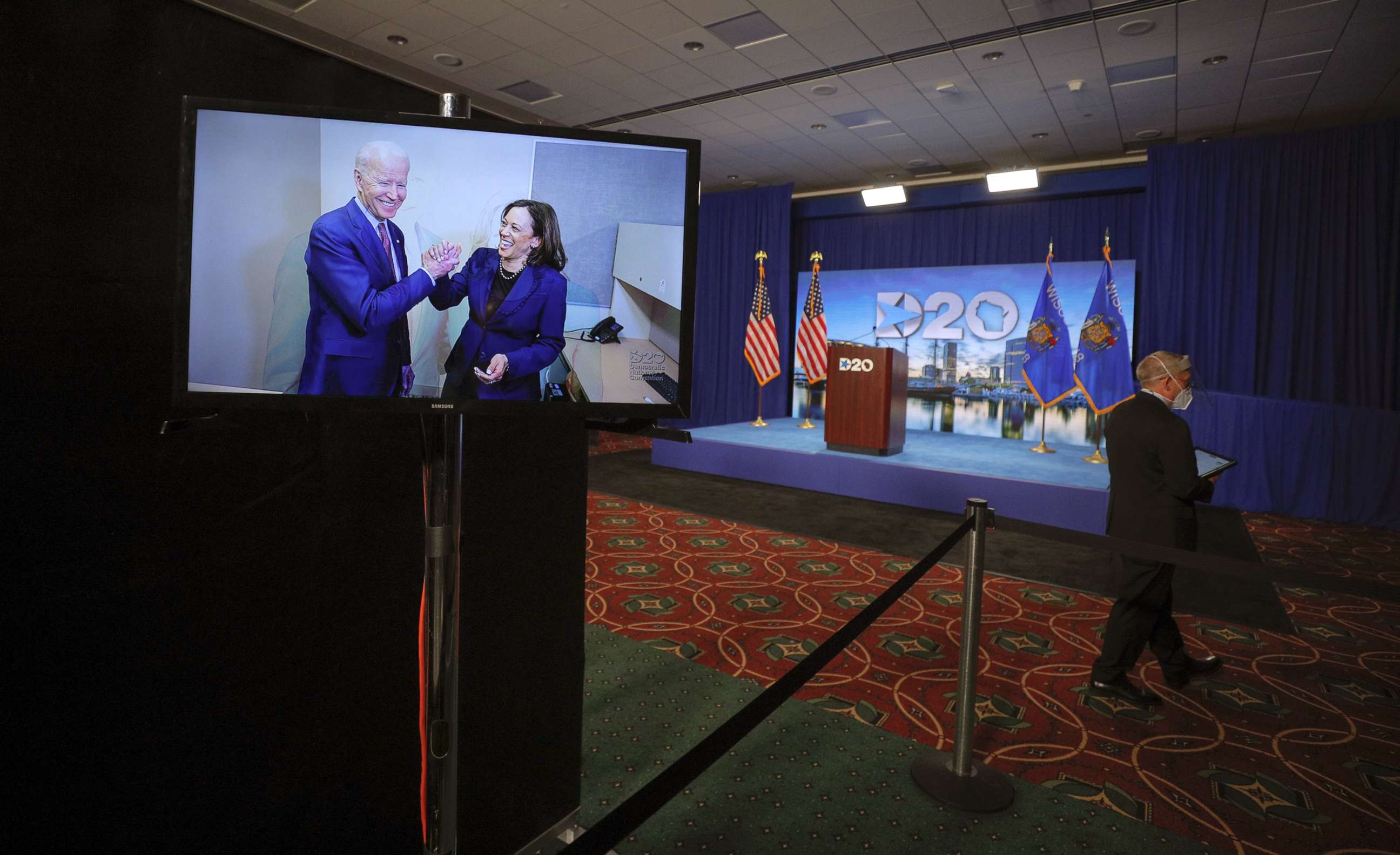 PHOTO: Democratic presidential candidate former Vice President Joe Biden and his running mate Sen. Kamala Harris appear on a video feed on the second day of the virtual 2020 Democratic National Convention at its hosting site, Aug. 18, 2020, in Milwaukee.