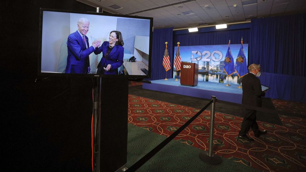 PHOTO: Democratic presidential candidate former Vice President Joe Biden and his running mate Sen. Kamala Harris appear on a video feed on the second day of the virtual 2020 Democratic National Convention at its hosting site, Aug. 18, 2020, in Milwaukee.