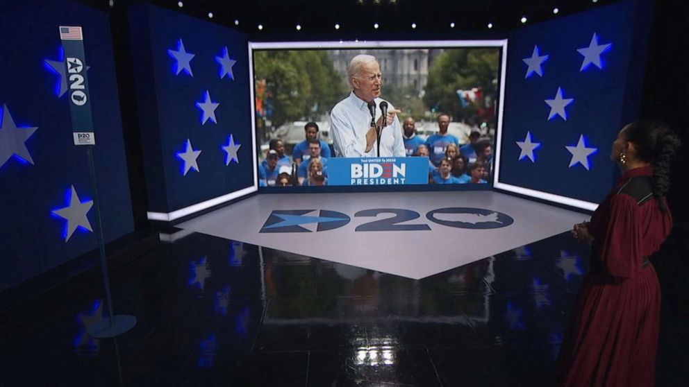 PHOTO: Actress Tracee Ellis Ross, turns to the screen showing Democratic presidential candidate Joe Biden while hosting the second night of the 2020 Democratic National Convention from Los Angeles, Aug. 18, 2020.