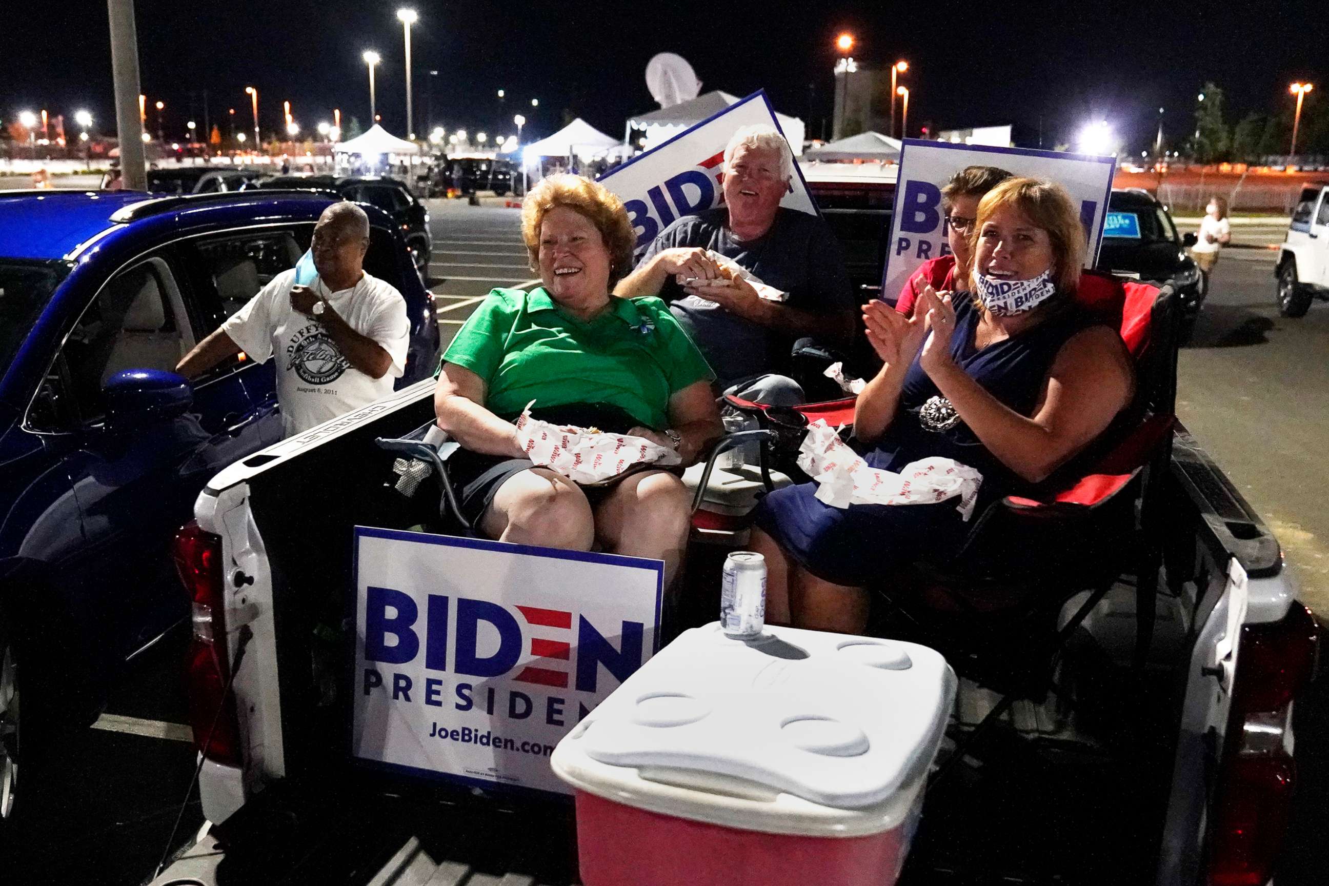 PHOTO: Supporters rally outside the venue where Democratic presidential candidate former Vice President Joe Biden will speak, during the final day of the Democratic National Convention, Aug. 20, 2020, at the Chase Center in Wilmington, Del.