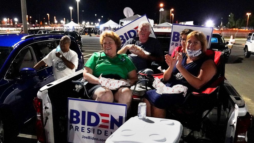 PHOTO: Supporters rally outside the venue where Democratic presidential candidate former Vice President Joe Biden will speak, during the final day of the Democratic National Convention, Aug. 20, 2020, at the Chase Center in Wilmington, Del.