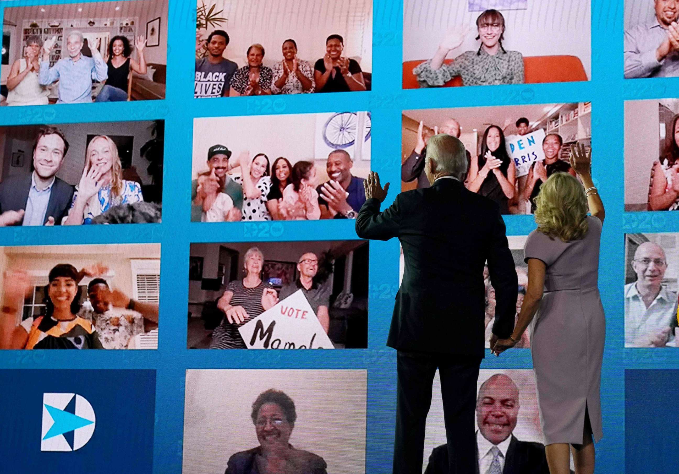 PHOTO: Former vice-presiden Joe Biden and his wife Dr. Jill Biden wave to supporters watching remotely after he accepted the Democratic Party nomination for president during the Democratic National Convention, in Wilmington, Del., Aug. 20, 2020.