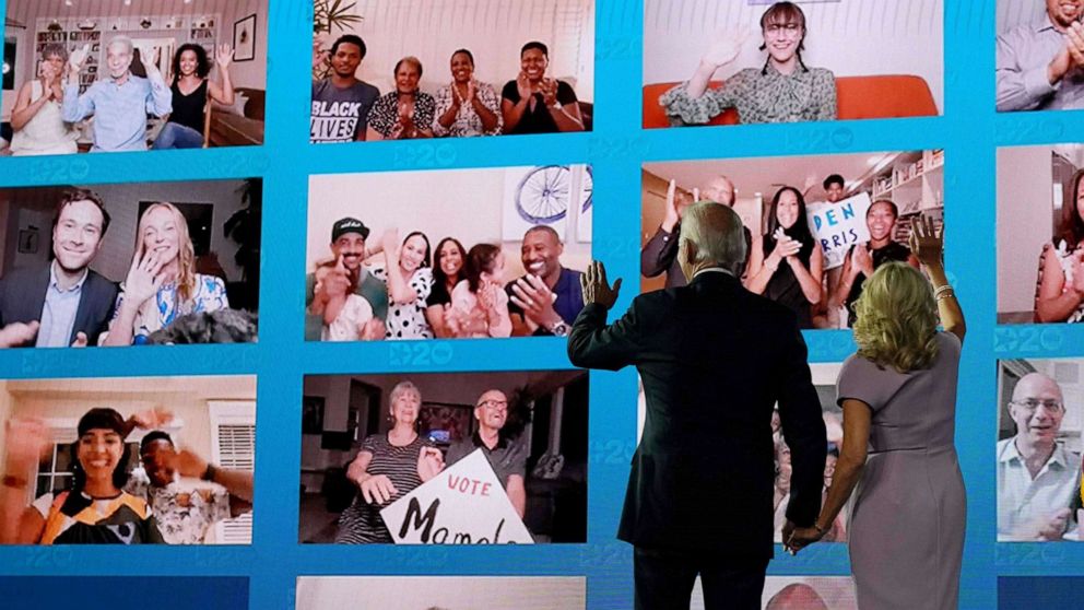 PHOTO: Former vice-presiden Joe Biden and his wife Dr. Jill Biden wave to supporters watching remotely after he accepted the Democratic Party nomination for president during the Democratic National Convention, in Wilmington, Del., Aug. 20, 2020.