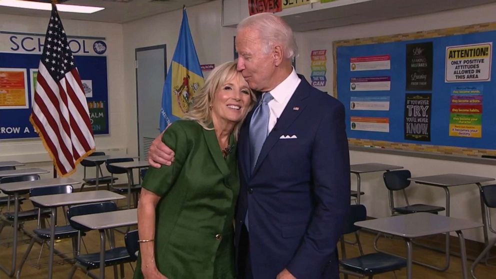 PHOTO: Dr. Jill Biden is greeted by her husband, Democratic presidential candidate Joe Biden, after speaking on the second night of the 2020 Democratic National Convention, Aug. 18, 2020.