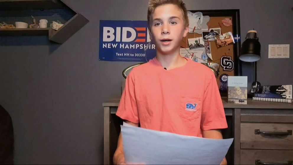 PHOTO: Brayden Harrington, who met Former Vice President Joe Biden met on the campaign trail and talked to Biden about his stuttering, speaks during the 2020 Democratic National Convention, Aug. 20, 2020.