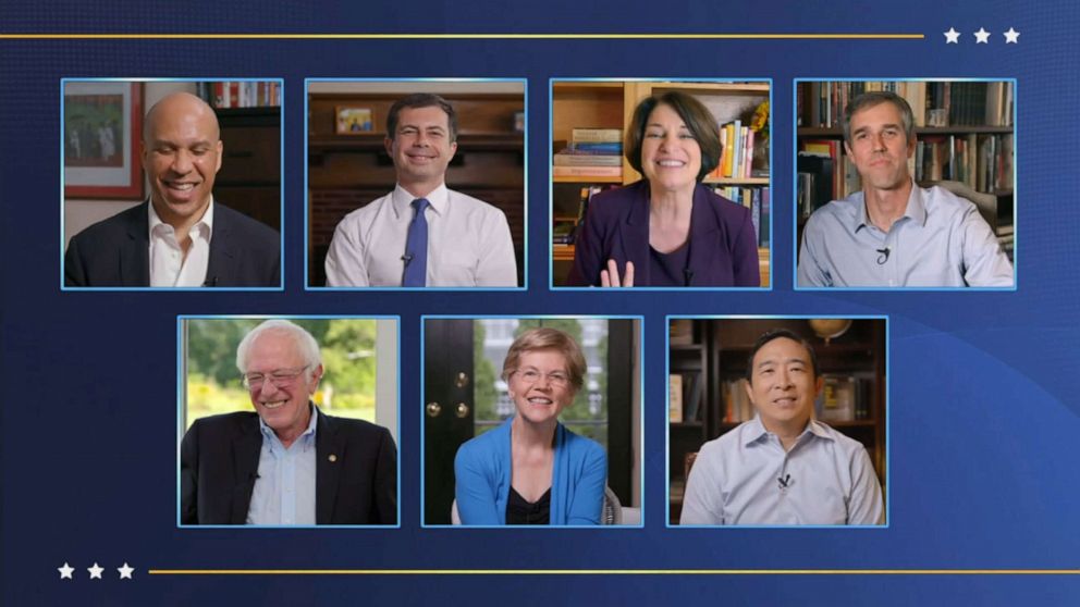PHOTO: Democratic presidential candidates Cory Booker, Pete Buttigieg, Amy Klobuchar, Beto O'Rourke, Bernie Sanders, Elizabeth Warren and Andrew Yang, during the final night of the 2020 Democratic National Convention, Aug. 20, 2020.