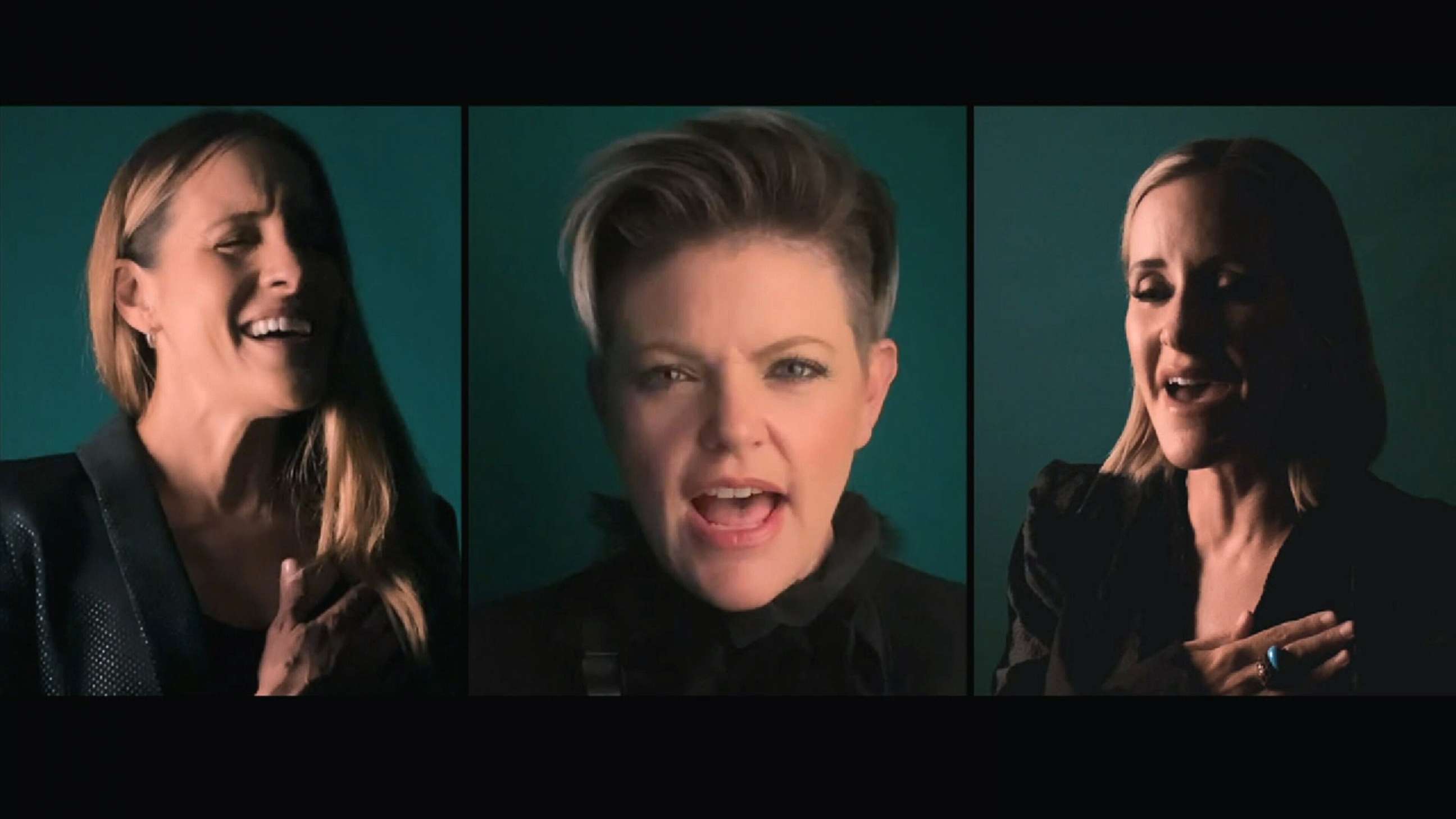 PHOTO: The Chicks (formerly known as the Dixie Chicks), Natalie Maines, Martie Erwin Maguire, and Emily Strayer, perform the National Anthem, at the start of the final night of the 2020 Democratic National Convention, Aug. 20. 2020.