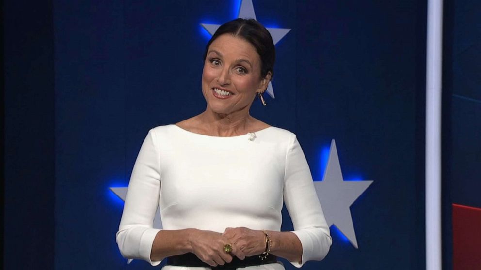 PHOTO: Julia Louis-Dreyfus, serving as moderator, speaks during the fourth night of the Democratic National Convention, Aug. 20, 2020.